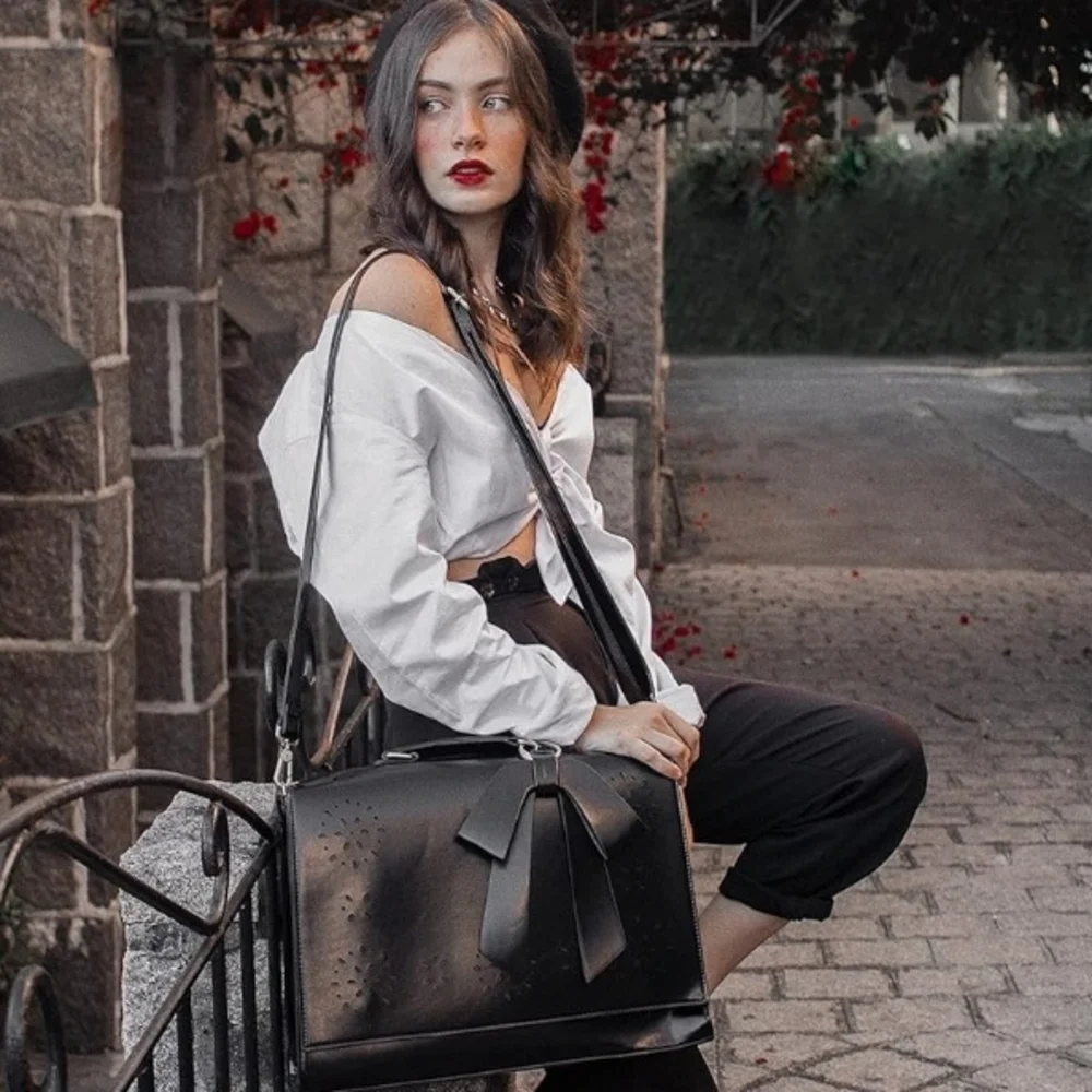 Black Laptop Bag with Decorative Bow - Women Bags Laptop Bags